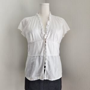 Y2K White Button Front V Neck Blouse Cap Sleeve Ruffle Feminine Corpcore Top L